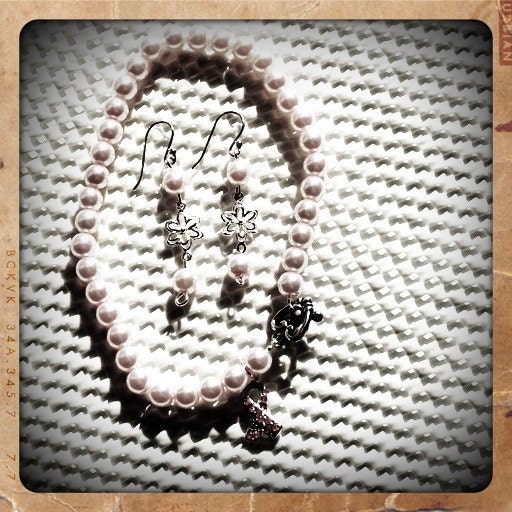 Pearl bracelet - anklet with Breast Cancer Charm and matching earrings