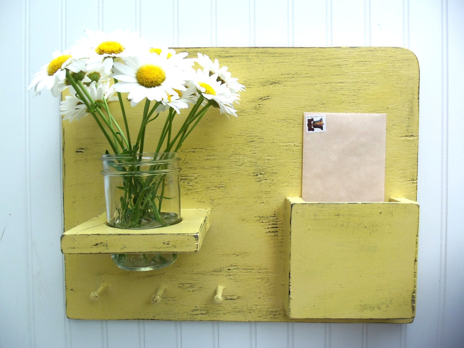 Hooks and Jar, Primitive Wall Mail Organizer, Flower vase, key holder