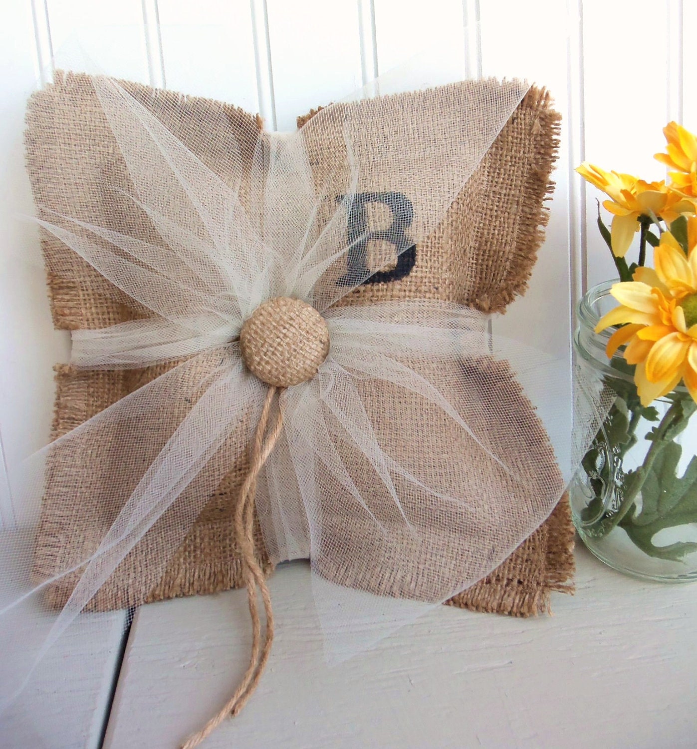 BURLAP ring bearer pillow, custom monogram wedding decor