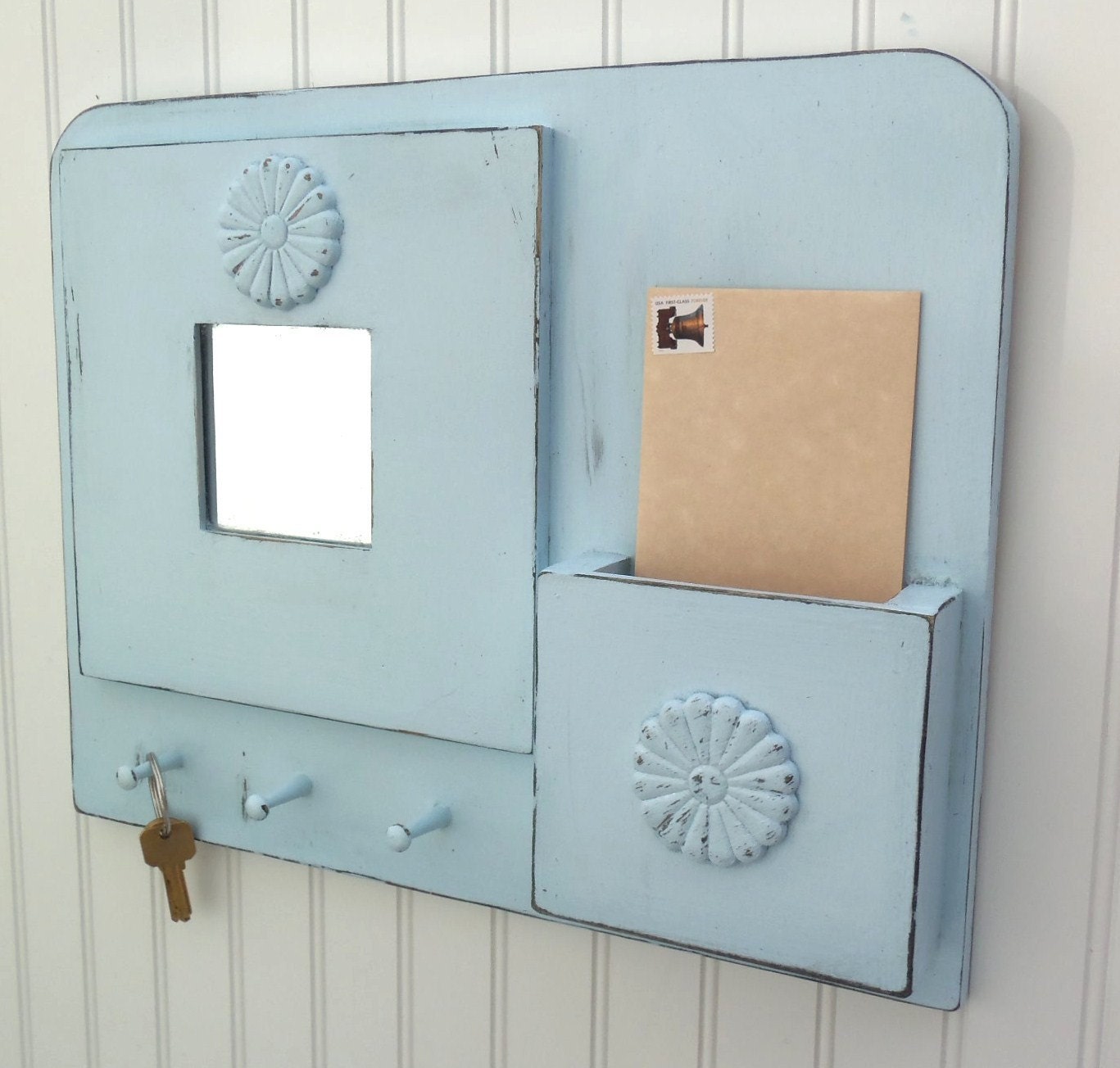 Powder Blue Mirror Key and Letter Organizer