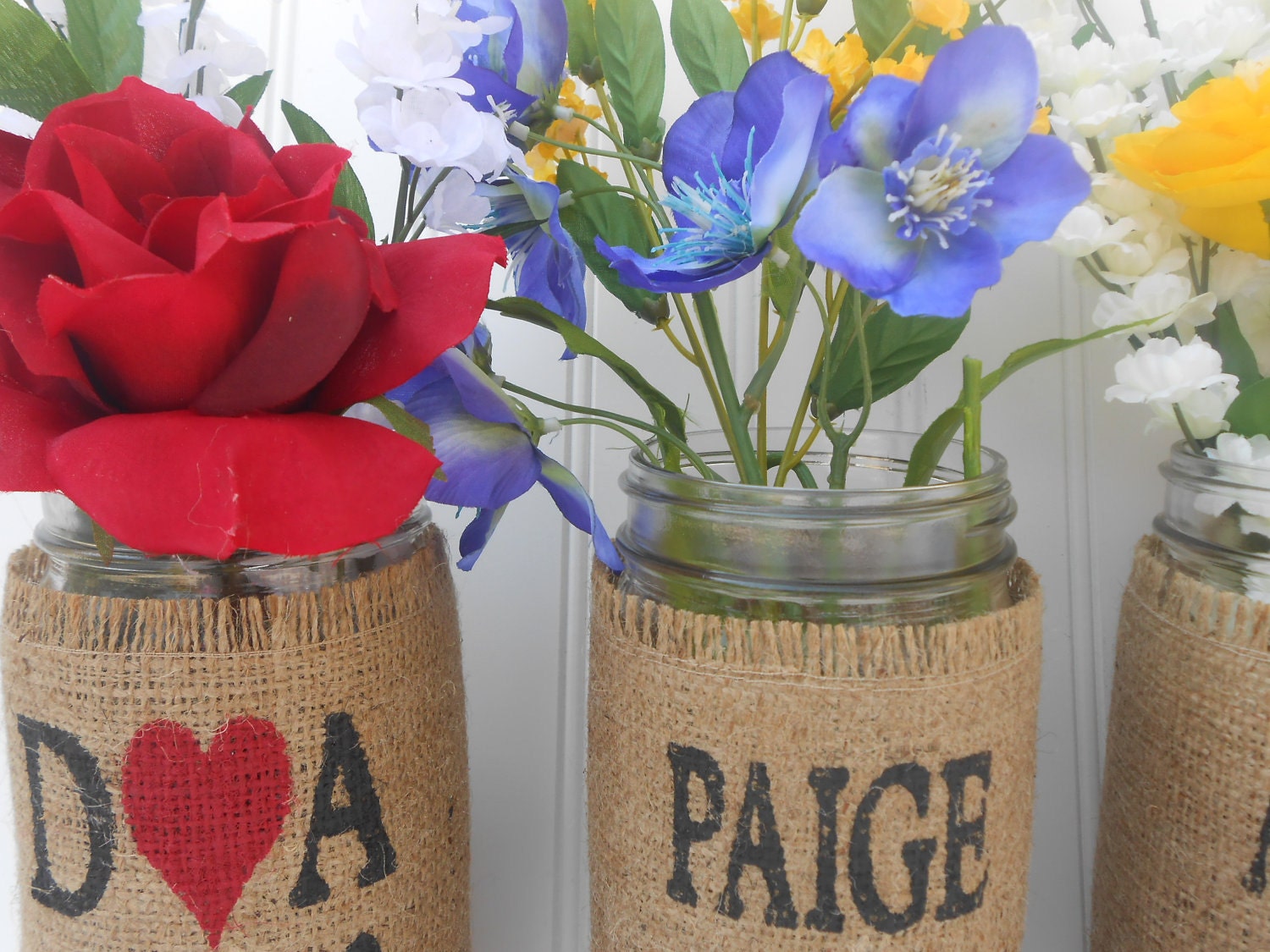 Bride and Bridesmaids wedding bouquet holder, burlap mason jar name flower holders, personalized
