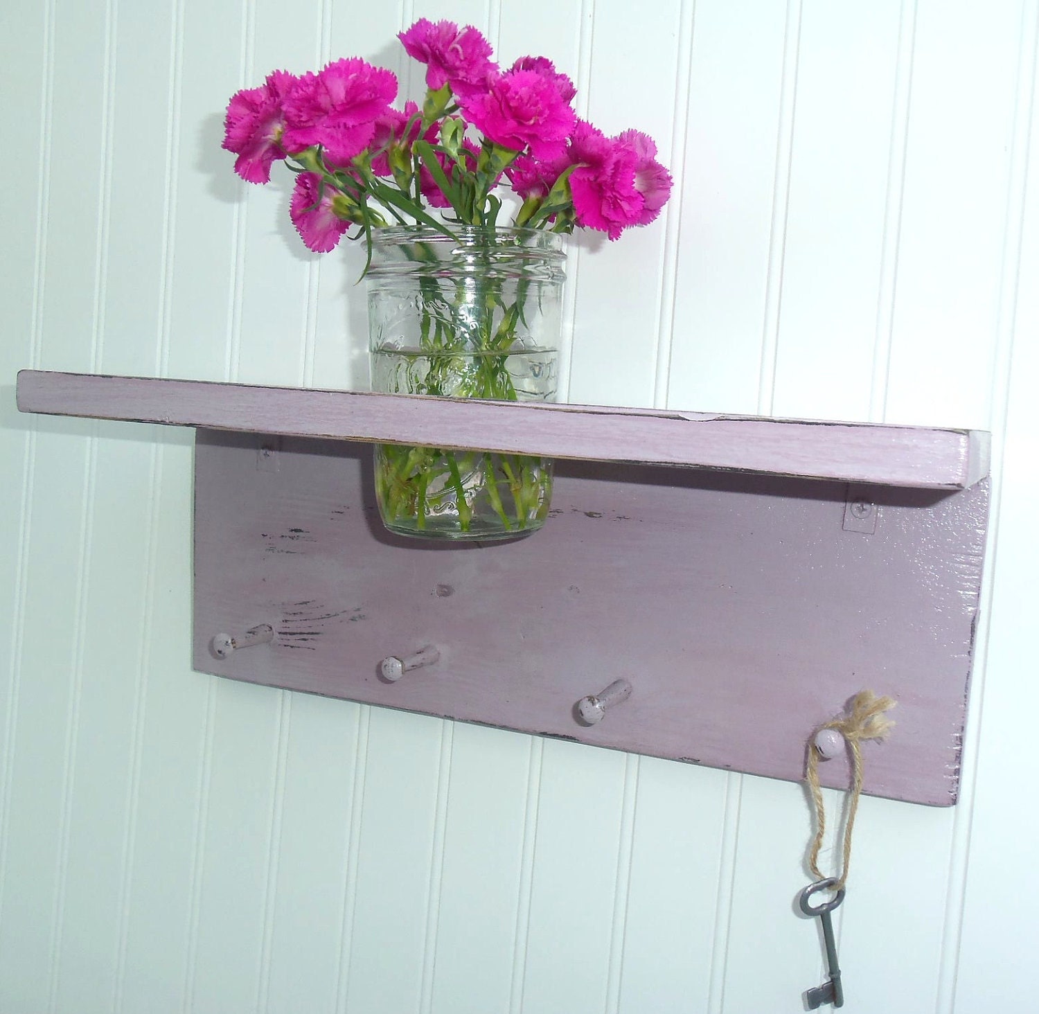 Lilac wood shelf with hooks Flower vase holder