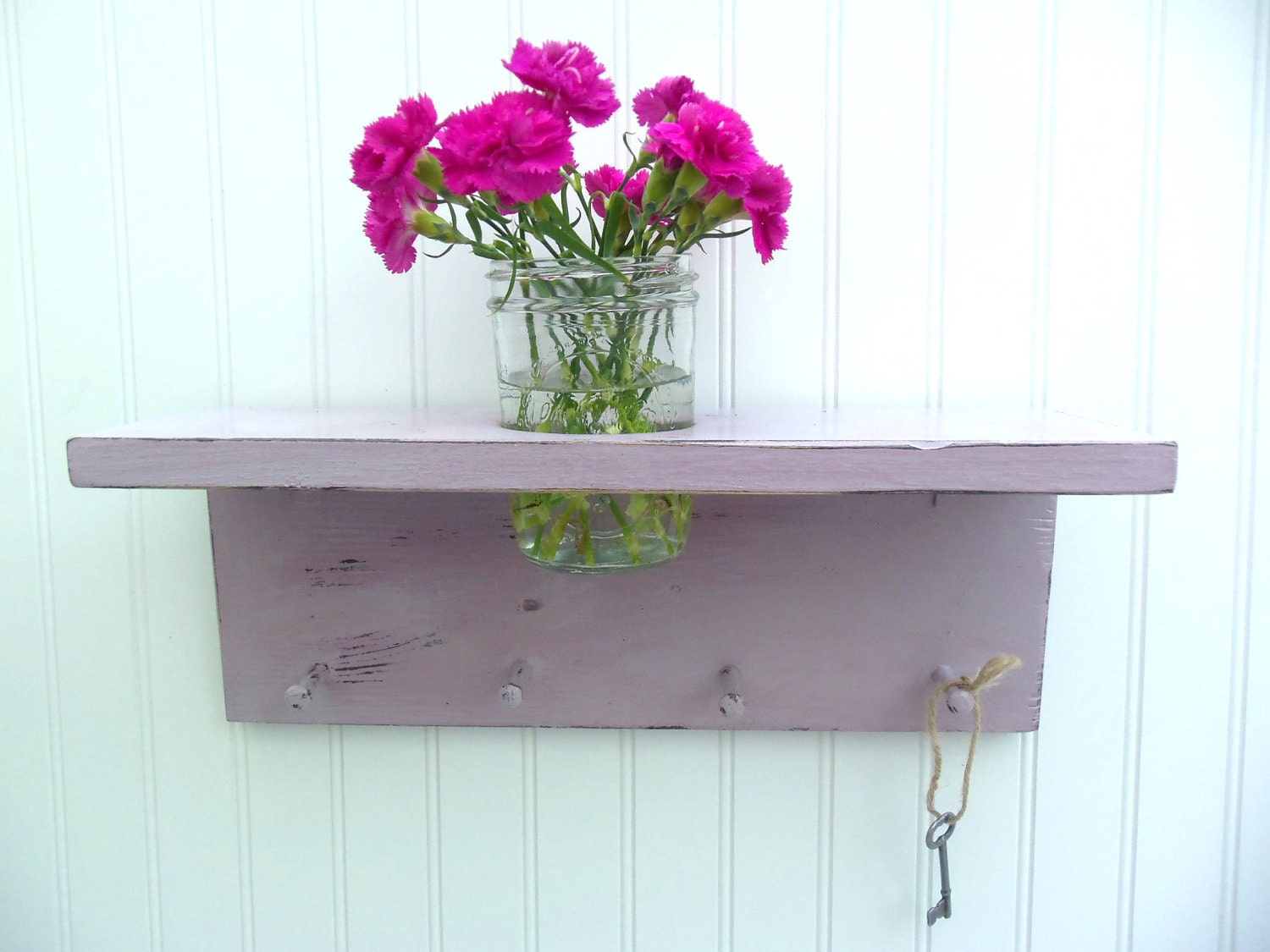 Lilac wood shelf with hooks Flower vase holder