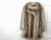 Vintage 1950s Fur Coat, Womens Faux Rabbit Fur Jacket, Cream Neutral White Brown, Small Medium Petite