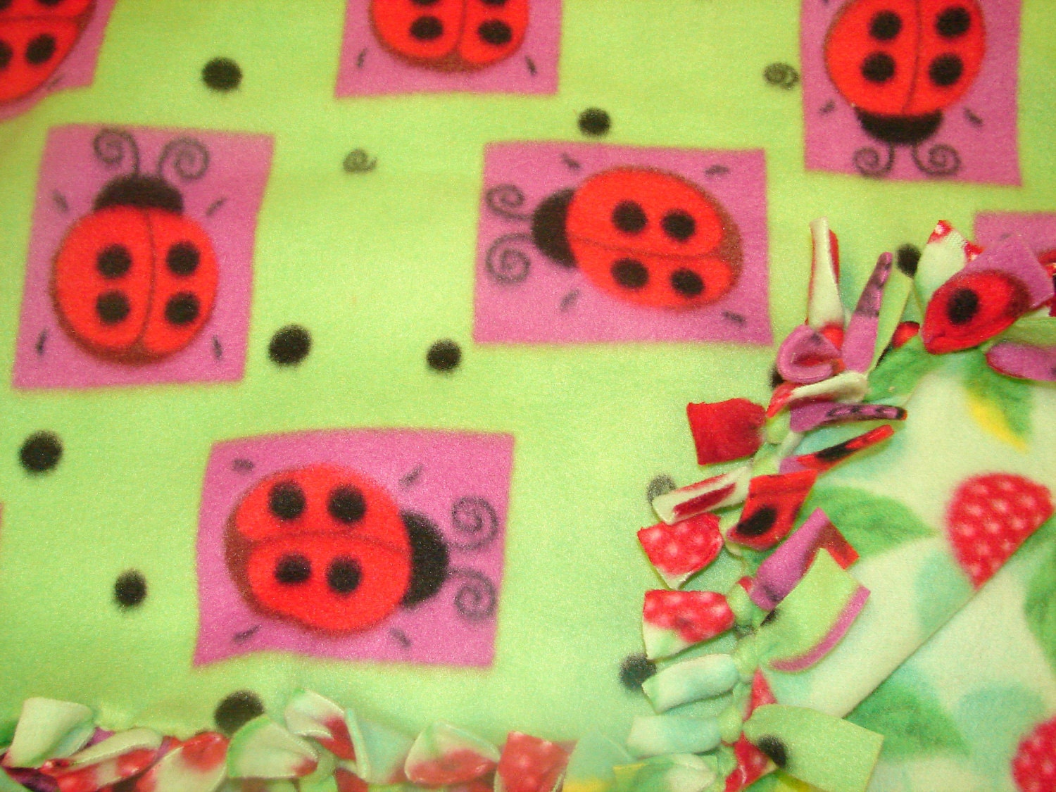 Fleece blanket green with lady bugs on it, other side is all green with cherries on it.