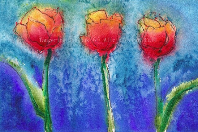 Watercolor Print, Red Tulips 8x12 by Alicia VanNoy Call, Valentine