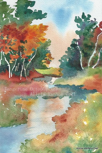 Watercolor Print Autumn Creek, Fall Colors Art 8x12 or 8x10 by Alicia VanNoy Call