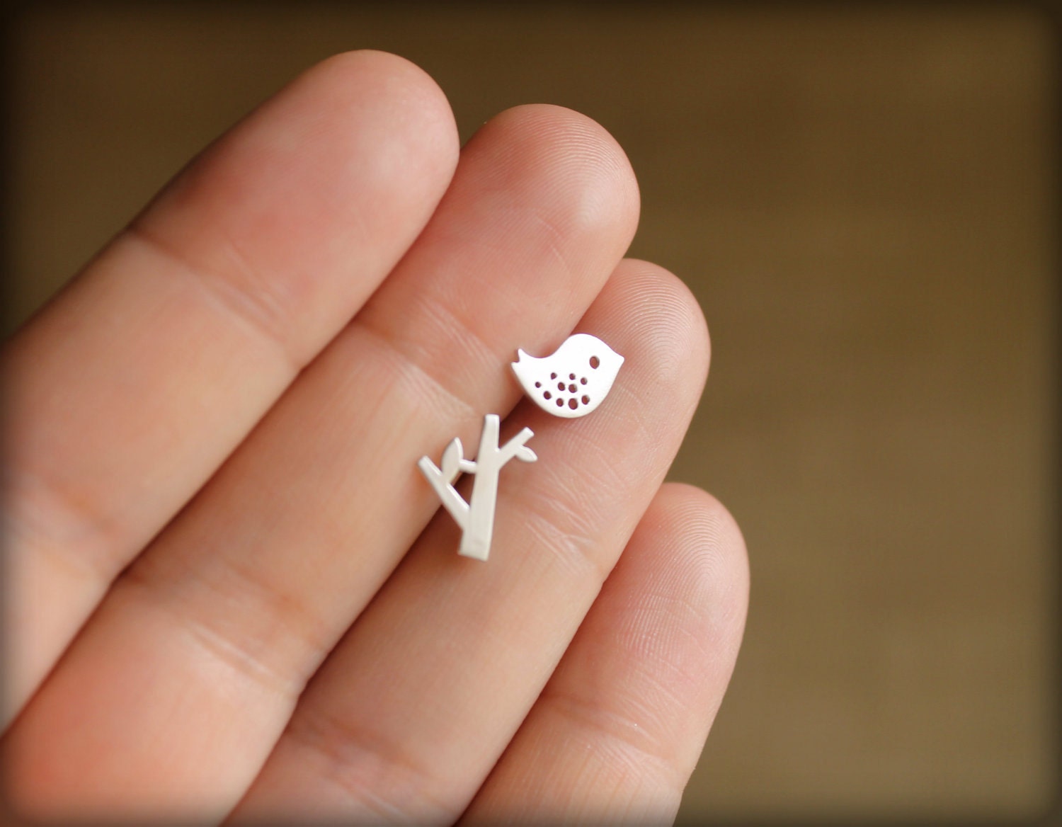 Bird and Tree Earring Studs in Matte Silver, Sterling Silver Posts