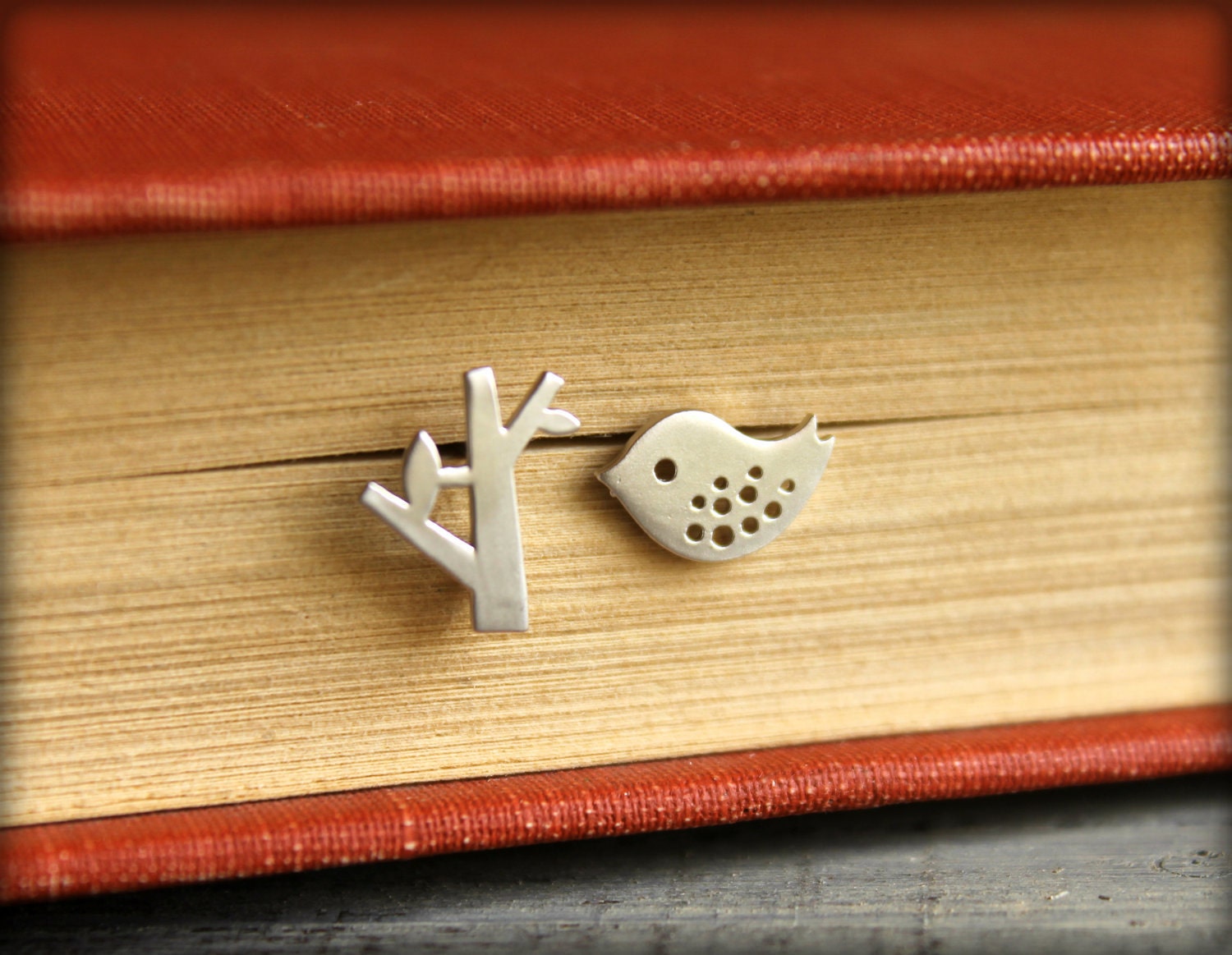 Bird and Tree Earring Studs in Matte Silver, Sterling Silver Posts