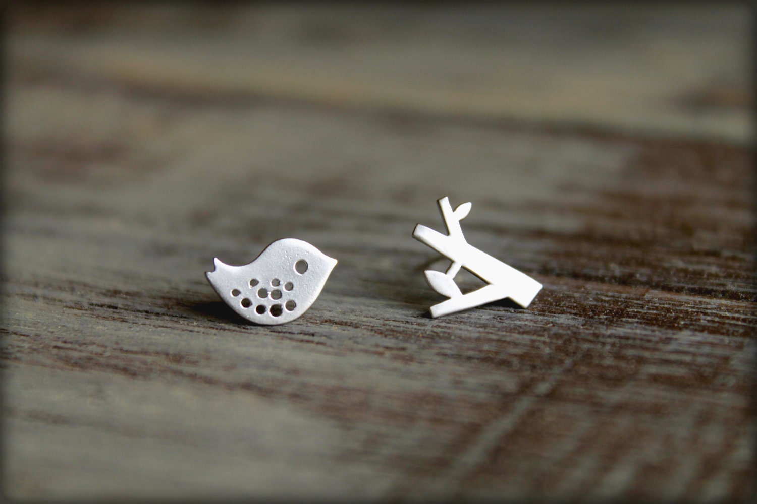 Bird and Tree Earring Studs in Matte Silver, Sterling Silver Posts