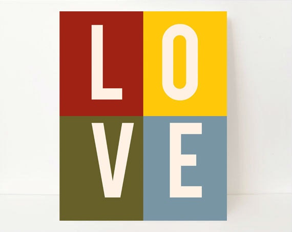 LOVE Art Print Love Typography Print 8x10 Love red yellow olive blue