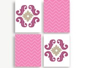 Set of Four Chevron & Damask Art Prints, 8x10, Boho Chic Wall Art, Gray and Pink Pattern Art Prints
