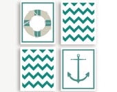 Set of Four Brown and White Beach Art Prints, Float and Anchor, 8x10, Modern Wall Art, Sea green and White Pattern Art Print