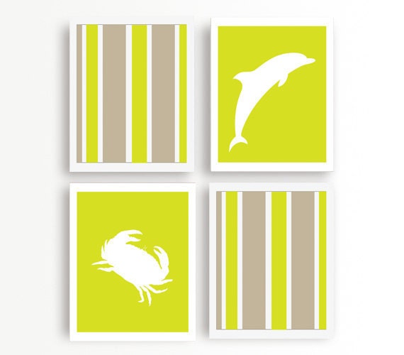 Set of Four Lime Green Stripe Beach Art Prints, Crab and Dolphin, 8x10, Marine Life Art, Lime Beige and White Marine animals Silhouette