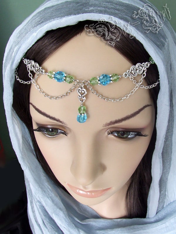 Ocean Blue & Green Crystal Celtic Princess Renaissance Medieval Circlet Headpiece Headdress Bridal Prom