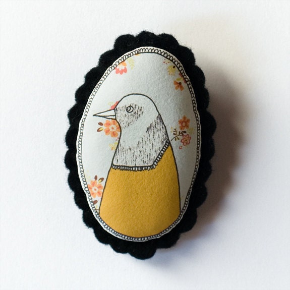 Bird - color handcrafted and illustrated brooch felt