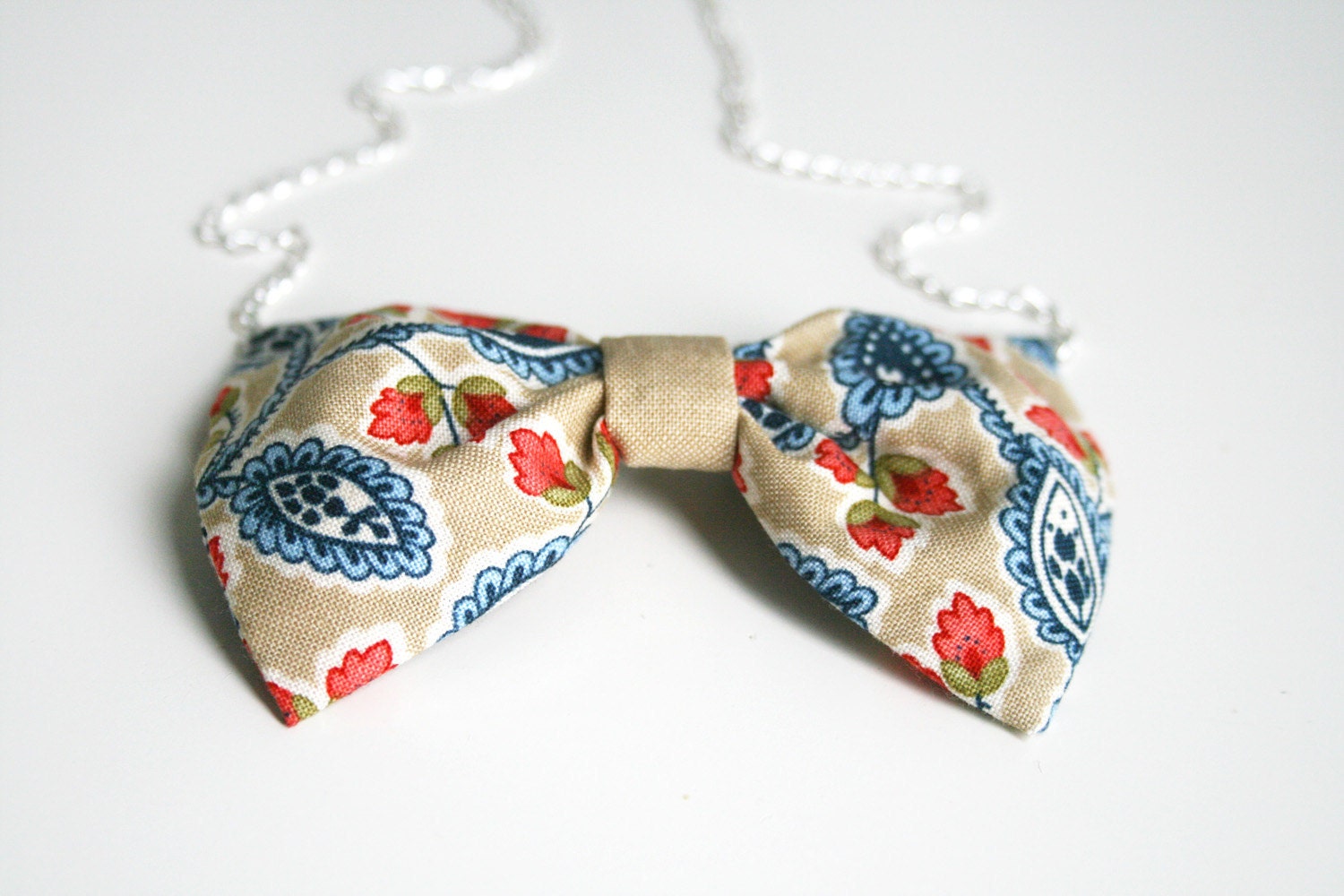 SALE Paisley bow tie necklace Beis Blue Red Fabric bow pendant Silver chain 20" Kawaii Lolita Japanese look Blue polka dots