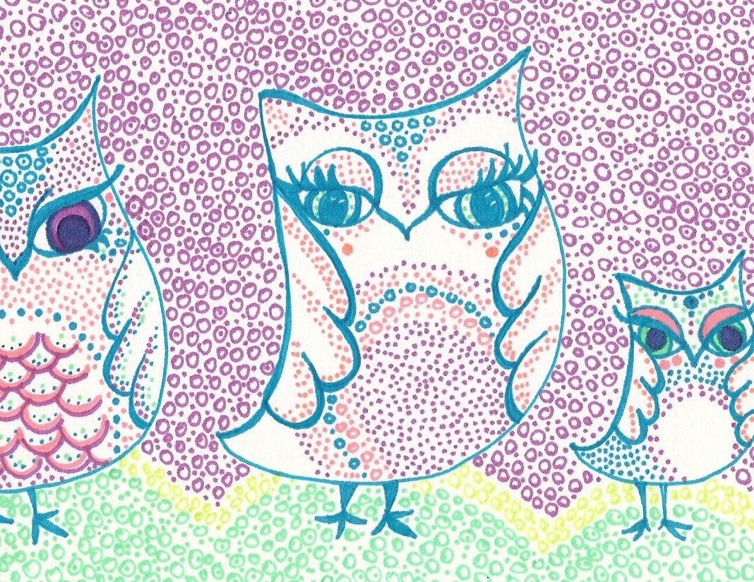 Owl Drawing - Three Owl Sisters in a Purple Evening- Original Drawing of Sharpie Love