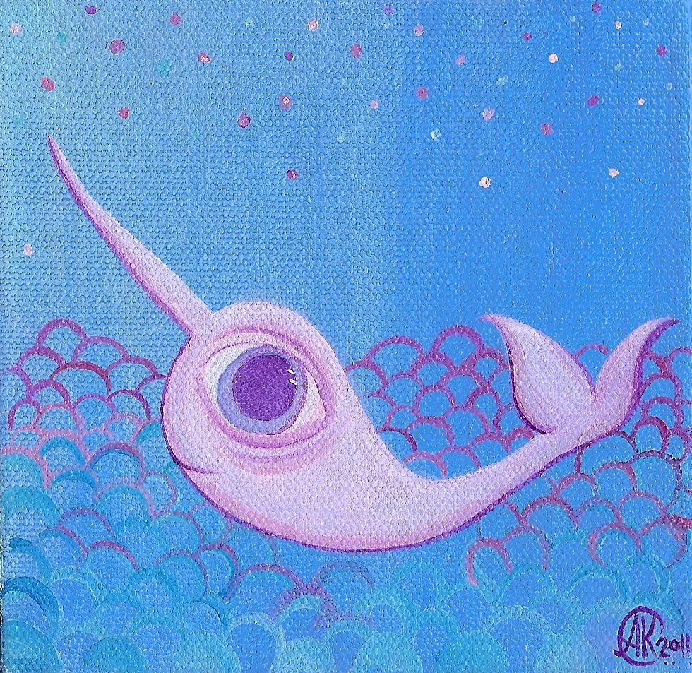 Naked Narwhal Taking a Night  Swim Under the Stars. Original Oil Painting.