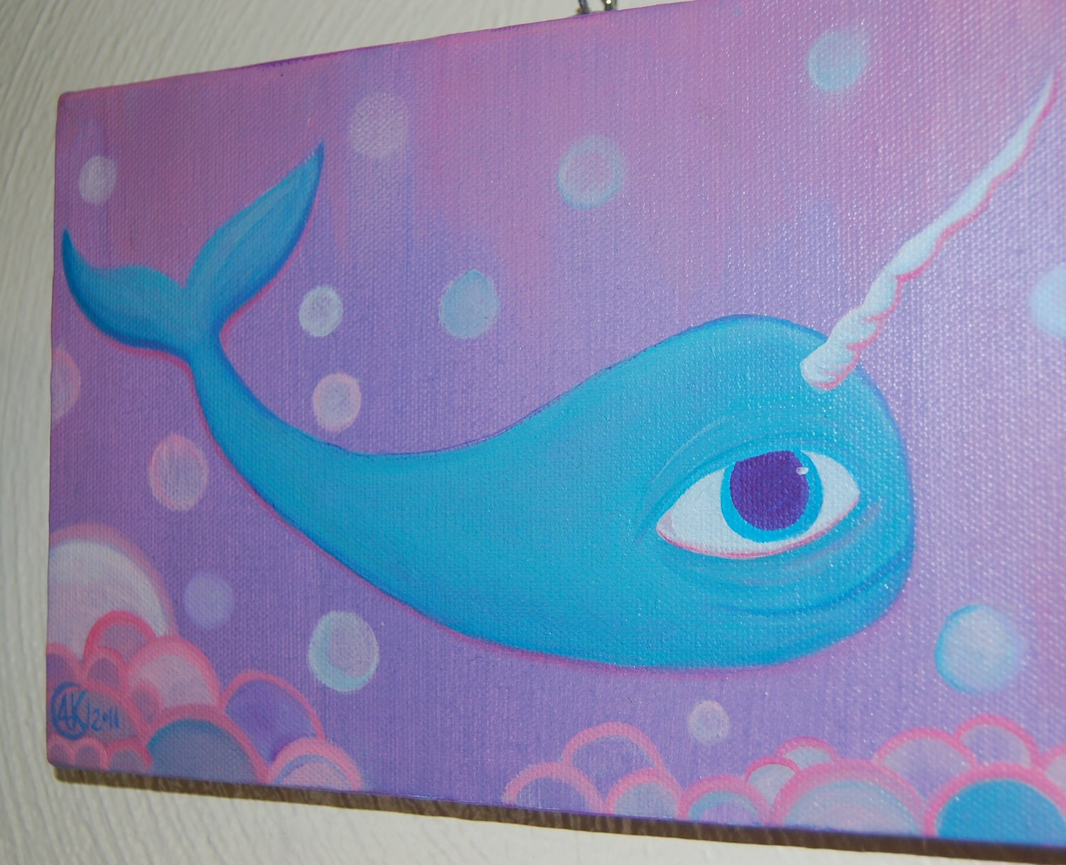 Blue NARWHAL. Whimsical Purple Ocean Happiness. Original Oil Painting. Please check all photos.