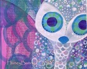 OWL ART. Print of a Bright Eyed Owl Painting on a Soviet page.8x10 Print. Whimsical Artwork from Allie Kelley