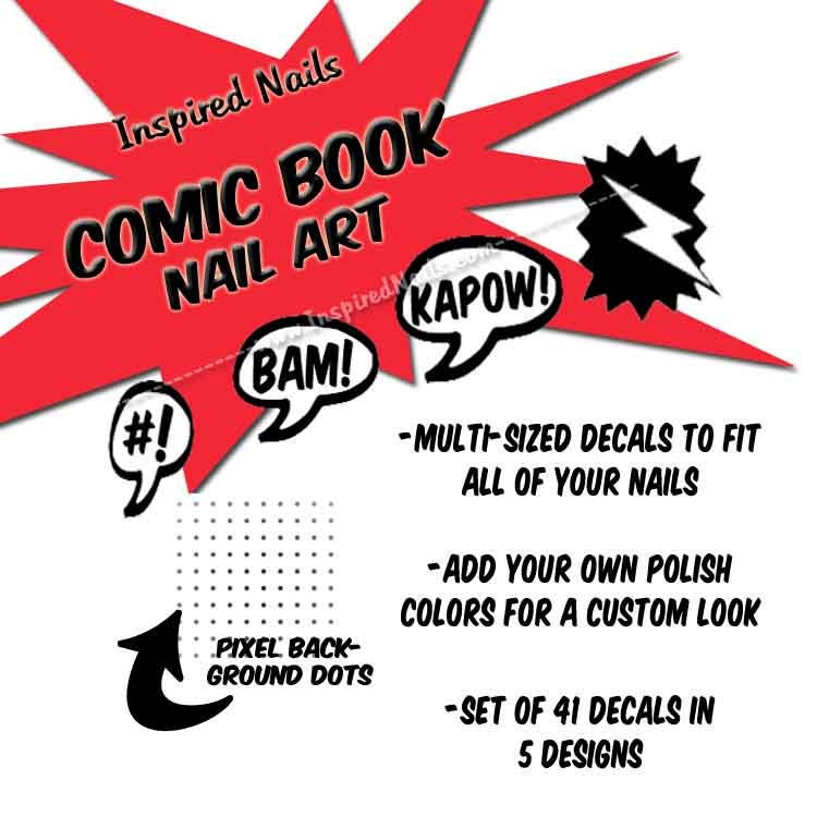 Comic Themed Nail Decals - Word Bubbles, Lightening Bolt and Pixel Dots