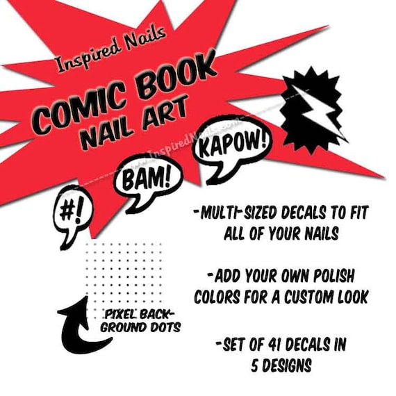 Comic Themed Nail Decals - Word Bubbles, Lightening Bolt and Pixel Dots