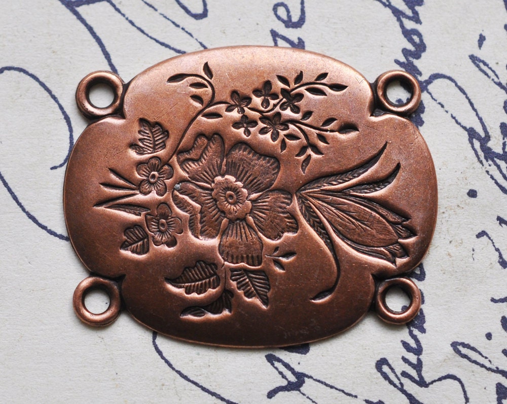 Connector for bracelets or earrings with flower inlay, copper plated brass