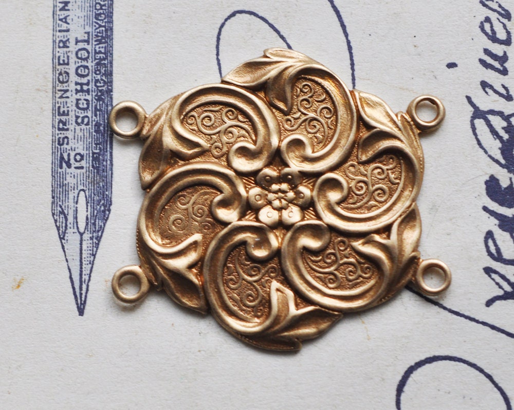 Neo Victorian connector for bracelets or earrings with flower and swirlies, oxidized brass