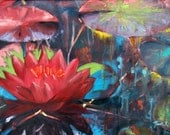 impressionistic oil painting art lotus with lily pads print canvas original artwork pink flower colorful art
