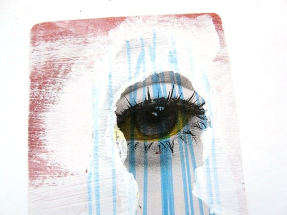 original ACEO pop art portrait  --  altered magazine photo  --  woman eye, face, pink, blue, yellow, outsider art, eyes