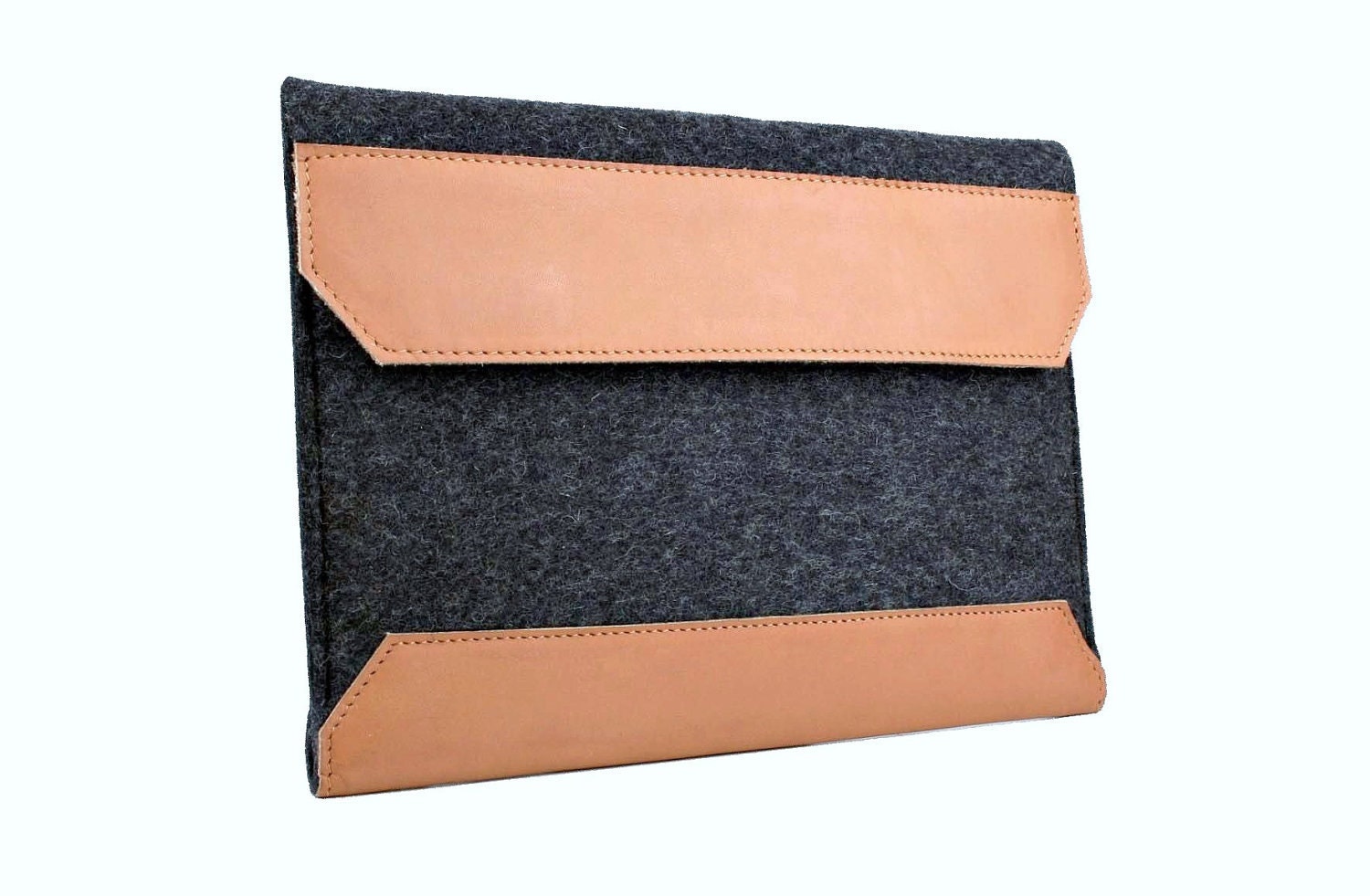 iPad   Case/Sleeve (Shaughnessy) - Anthracite Wool Felt with Tan Brown Leather