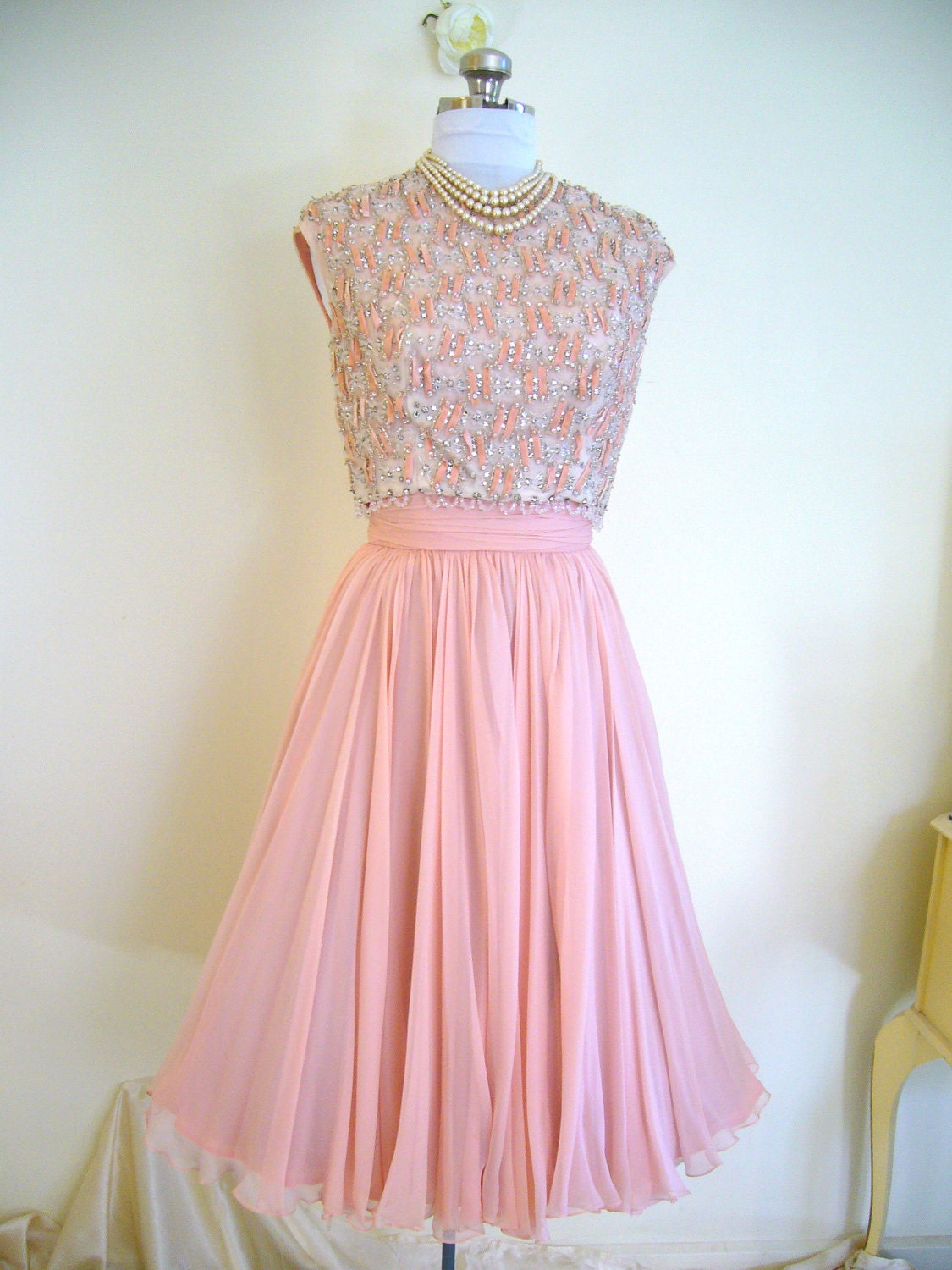 GORGEOUS Mid Century Couture Rhinestone Encrusted Pale Pink Silk Chiffon Beaded Dress Unworn Original Tag - Designer Couture