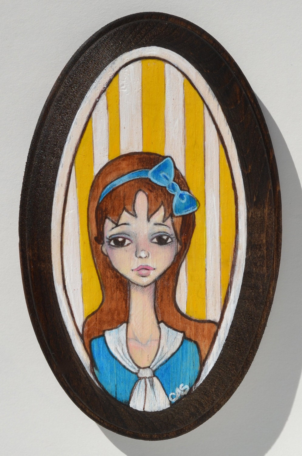 Original Painting on Wood- School Girl Wearing a Blue Dress
