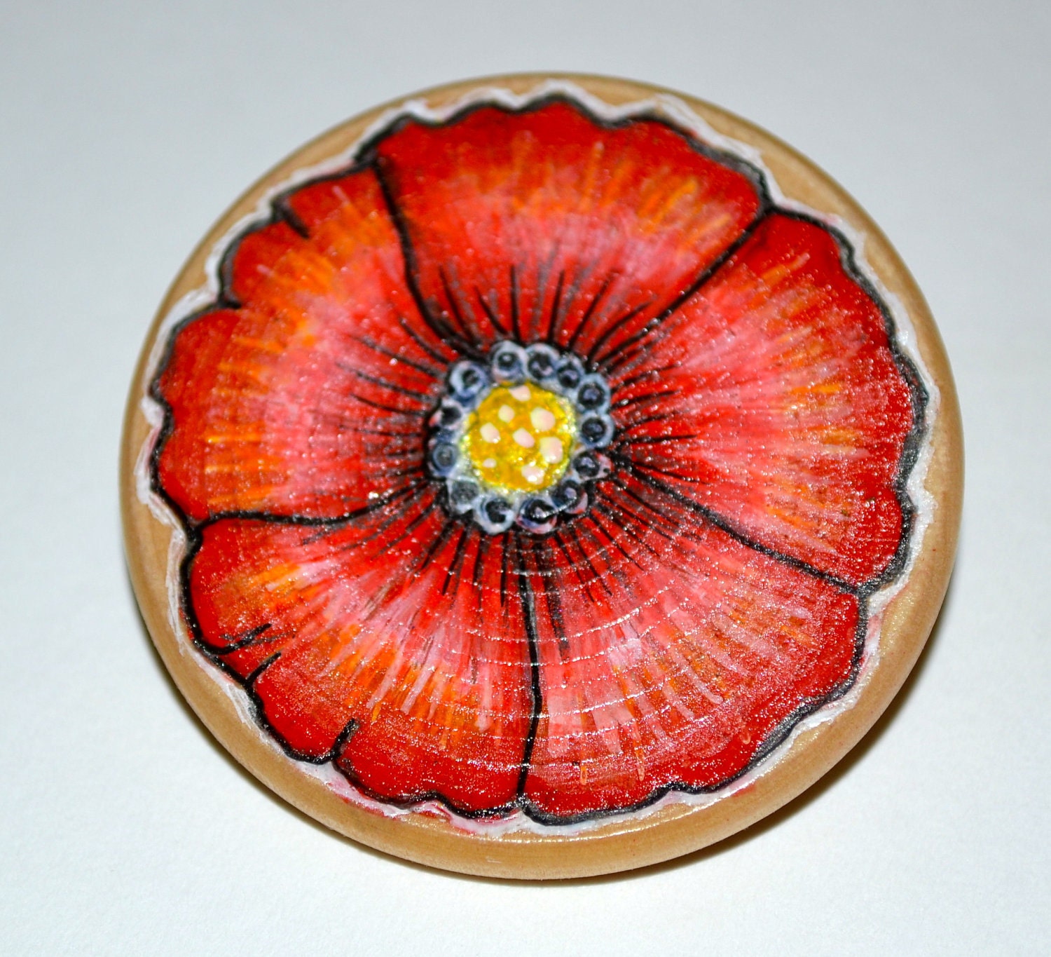 Red Flower - Wooden Brooch Hand Painted