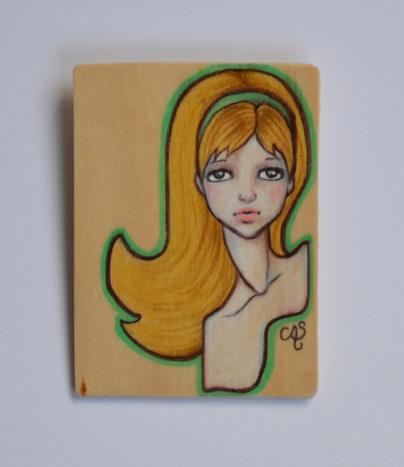 Barbie Green Headband- Brooch Wooden ACEO