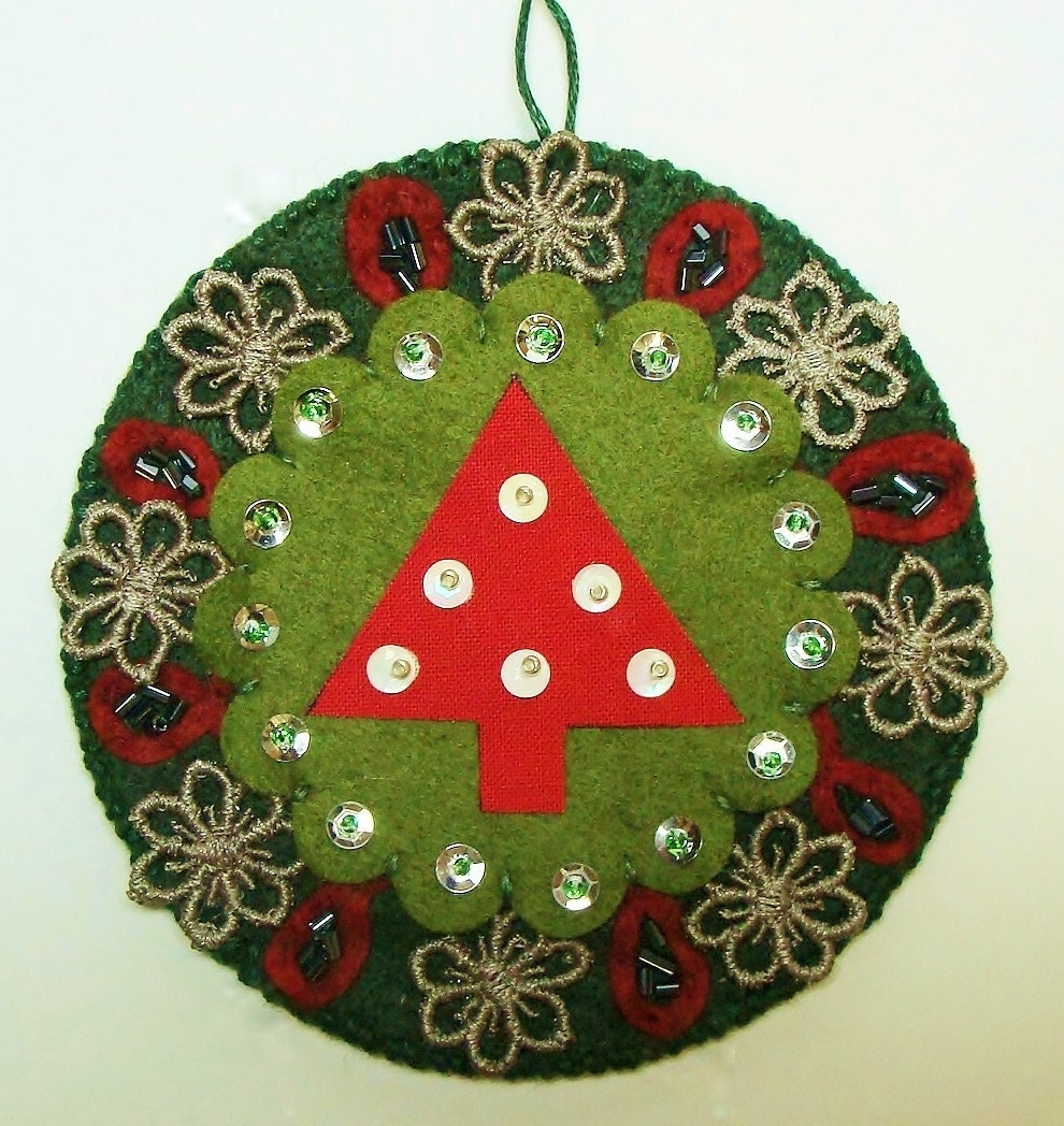 Christmas Ornament 4" Round Wool Felt, Sequins, Beads