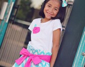 Aqua and White Chevron Skirt with Pink Sash, Matching Rosette Shirt and Coordinating Bow.  Sizes 3 months - girls size 10.