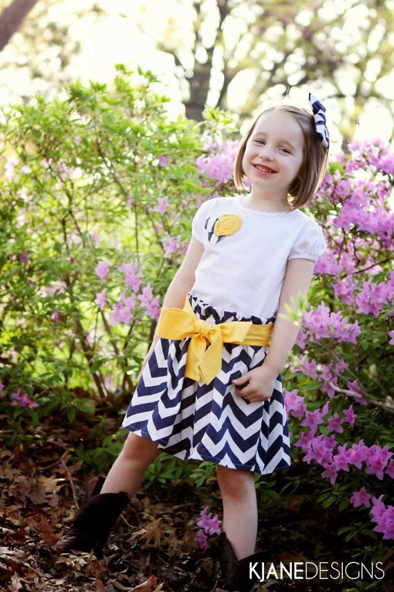 Navy and White Chevron Skirt with Buttercup Sash, Matching Rosette Shirt and Coordinating Bow.  Sizes 3 months - girls size 10.