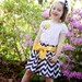 Navy and White Chevron Skirt with Buttercup Sash, Matching Rosette Shirt and Coordinating Bow.  Sizes 3 months - girls size 10.