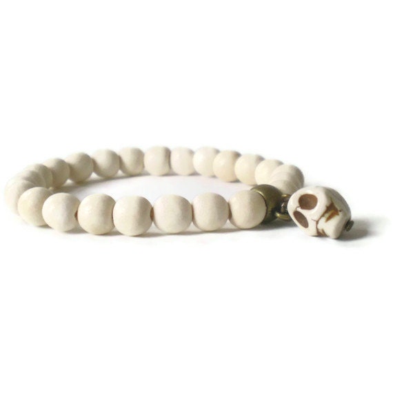 white wooden bracelet, unisex, skull charm, rocker style, elasticated cuff, mens jewelry