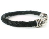 mens cuff bracelet, black braided leather, unisex, rocker style, personalised cuff