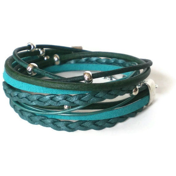 turquoise leather wrap bracelet, suede, bohemian, silver beads, double wrap, rocker, surfer chic