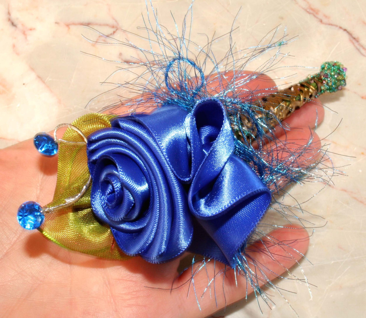 Royal Blue Ribbon Rose Boutonniere, Fascinator, Prom, Flower Pin,  Lapel Pin