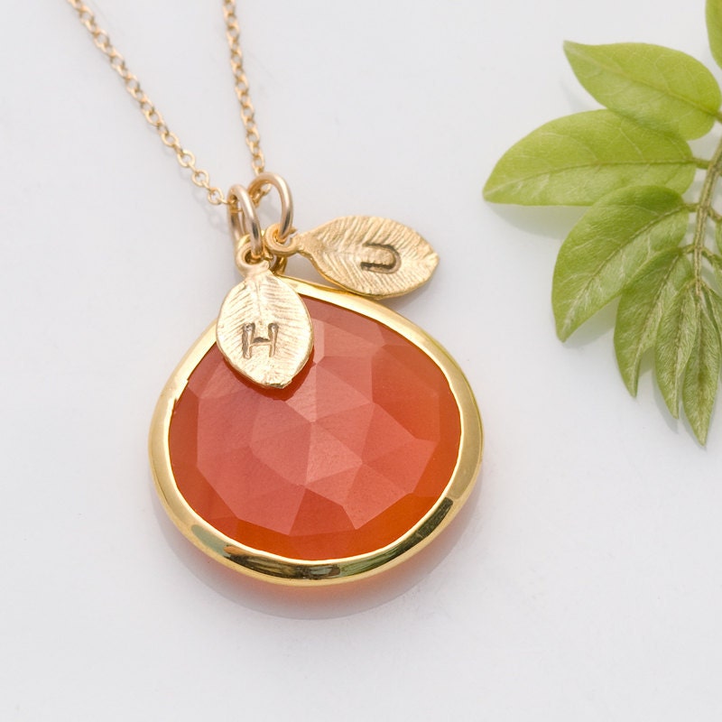 Carnelian bezel Necklace -Custom Initial Necklace - Gold Necklace - Gemstone Jewelry - Personalized Hand Stamped Pendants