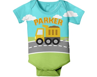 Dump Truck Baby Onesie, Personalized Construction Infant Boy's Outfit