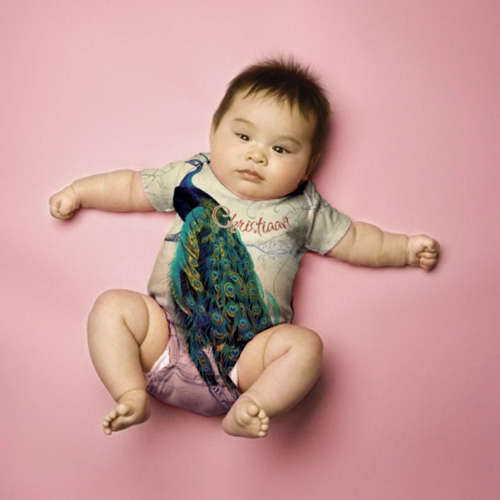 Peacock Baby Girl Onesie, Personalized Girl Infant Romper
