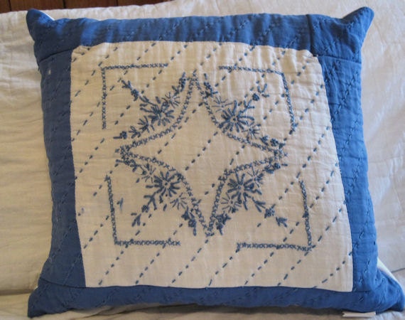 Shabby and Chic Vintage Quilt Pillow - Vintage Quilt - Throw Pillow - Quilted Pillow - Cornflower Blue