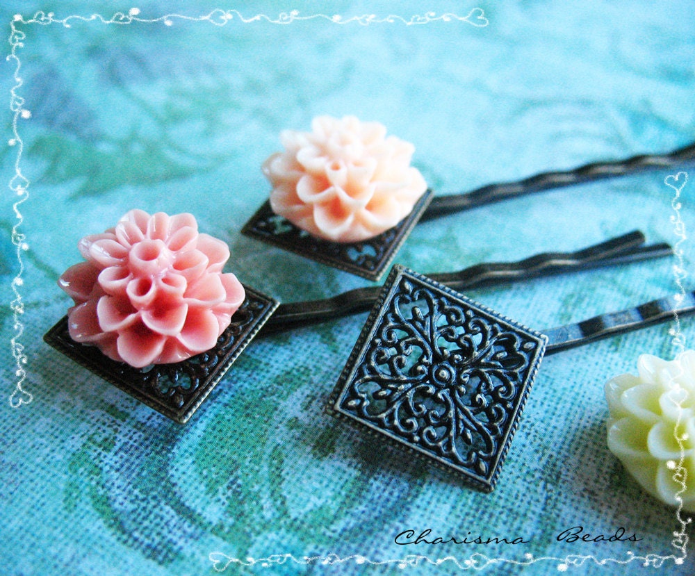 18 Filigree Bobby Pins Hair ornaments Antique Bronze, Diamond, 66x26.5x4.5mm