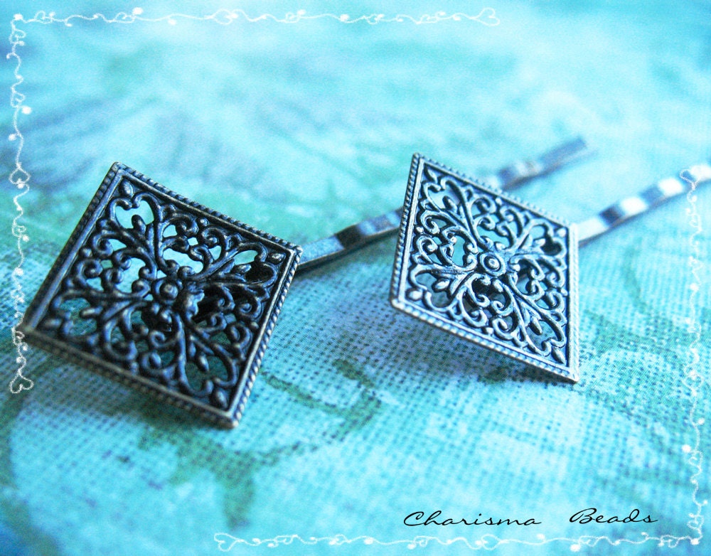 18 Filigree Bobby Pins Hair ornaments Antique Bronze, Diamond, 66x26.5x4.5mm